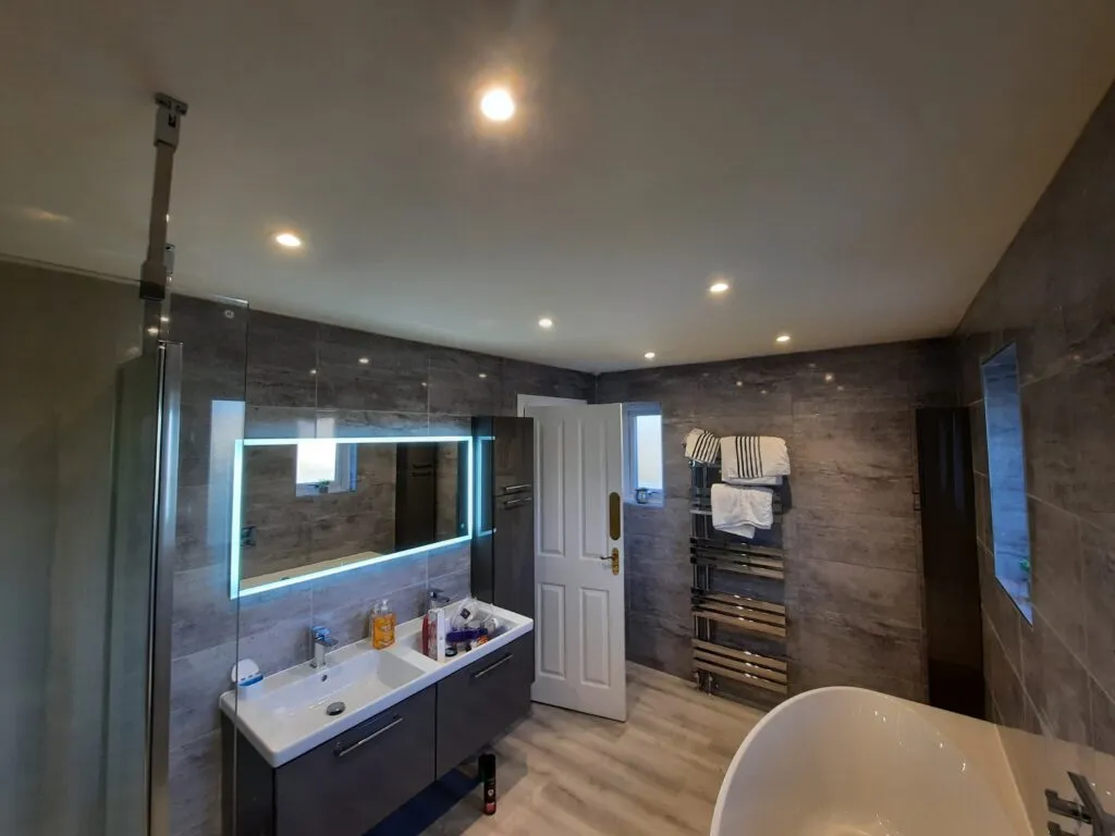 LED downlights, heated mirror with Bluetooth speaker, bathroom electrics East Devon
