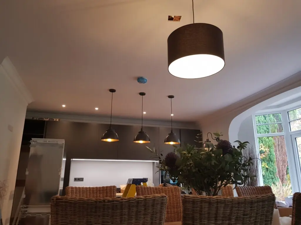 Pendant lighting and LED spotlights installed during refurbishment, East Devon
